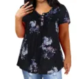 Floral print detail view of plus size short sleeve top with button placket and pleats. - Floral Black