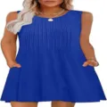 Blaues ärmelloses Plissiertes Minikleid mit Taschen lässiges Rundhals Sommertunika Damen - S / Kleider / Blau