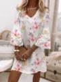 Women's floral V-neck 3/4 sleeve mini dress casual summer beach wear elegant party outfit - S / Dresses / Pink & White Fresh Floral (Element 8)