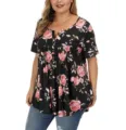 Plus Size Blumen Druck Kurzarm V-Ausschnitt Knopf Oberteil lässiges Damen T-Shirt. - L / Oberteile / Schwarz