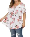 Plus Size Blumen Druck Kurzarm V-Ausschnitt Knopf Tunika Oberteil fur Damen Sommerkleidung. - L / Oberteile / Weiß