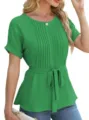 Grüne plissierte Kurzarmbluse mit Taillenband für Damen lässige Sommer Schick Oberteil. - S / Grün