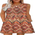 Sleeveless ethnic print mini dress detail, featuring round neck and front pleated design. - Pattern 5