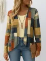 Detailansicht der Damen Langarm offene Strickjacke mit geometrischem Patchwork-Design. - S / Oberteile / Gelb