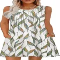 Detail shot of the sleeveless leaf print mini dress featuring a round neck and practical side pockets. - Pattern 6