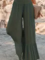 Summer casual long pants featuring high waist, ruffled details, and pleated loose fit. - Army Green