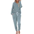 Women's ribbed two piece lounge set long sleeve button top and pocket jogger pants. - M / Top And Bottom / Blue