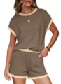 Casual short sleeve lounge set for women, brown summer pajama set with contrast trim. - Tan