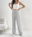Pantaloni casual larghi a costine grigi a vita alta, taglio dritto vista dettagliata. - Taglia M / Pantaloni e gonne / Grigio