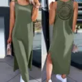 Robe Ete Sans Manches Couleur Unie Dentelle Creux Dos Maxi Robe Decontractee Style - Vert Militaire
