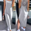 Grey sleeveless maxi dress with crochet back detail and stylish side slit for women summer. - Light Gray