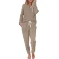 Waffle knit lounge set women two piece long sleeve henley top and jogger pants casual outfit - Khaki