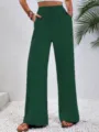 Dark green wide-leg pants for women, high waist lounge trousers with pockets and drawstring. - Dark Green