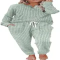 Women two piece lounge set ribbed long sleeve button top drawstring pocket pants green - Matcha Green