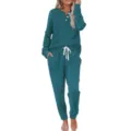 Women ribbed knit two piece loungewear set long sleeve henley top pocket sweatpants casual - Cyan