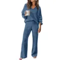 Blaues Rippstrick-Loungewear-Set mit V-Ausschnitt Langarmtop und Weitbein-Hose Variante. - S / Oberteil und Unterteil / Blau