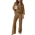 Damen Rippstrick Hausanzug Winter V-Ausschnitt Langarm Pullover und weite Hose Freizeitkleidung braun - S / Oberteil und Unterteil / Khaki