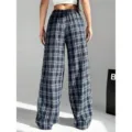 High-waisted plaid wide-leg pants for women, loose casual trousers with classic checkered pattern. - M / Bottoms / Blue White Gingham
