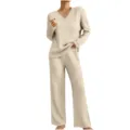 Damen Rippstrick Lounge Set V-Ausschnitt Langarm Oberteil Hose Freizeit Herbst Winter Outfit - S / Oberteil und Unterteil / Gebrochenes Weiß