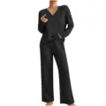 Schwarzes geripptes V-Ausschnitt Loungewear Set Variante, lässiger Pullover und Hose - S / Oberteil und Unterteil / Schwarz