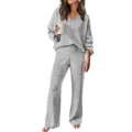 Grey ribbed knit lounge set featuring a V-neck long sleeve top and matching pants, variant. - Light Gray
