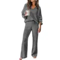 Women grey ribbed loungewear set V-neck long sleeve top and wide leg pants casual outfit - Dark Gray