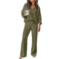 green ribbed knit loungewear set v-neck long sleeve top and pants winter casual outfit - Army Green