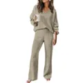Ribbed knit lounge set for women, V neck long sleeve sweater and wide leg pants 2 piece. - Matcha Green