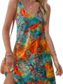 Tropical print sleeveless V-neck summer dress detail shot showing pocket and vibrant pattern. - S / Dresses / Geometric Print 1