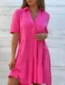 Women casual short sleeve solid color lapel button tiered mini dress bright pink - S / Dresses / Rose Red