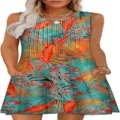 Detail shot of sleeveless tropical print dress with pockets, round neck, and pleated front. - Pattern 7