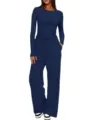 Women solid color long sleeve top and high waist wide leg pants casual lounge sets. - Sapphire Blue