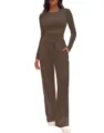 Detailed view of the solid brown long sleeve top and high waist wide leg pants loungewear. - Dark Brown