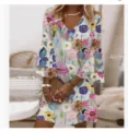 Floral print V-neck 3/4 sleeve mini women dress casual daily wear fashion outfit - S / Dresses / Floral Print (Element 17)