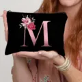 Black canvas cosmetic bag with rose gold letter M floral design detail, perfect for daily use. - Letter M Style(13) / Black