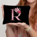 Black canvas cosmetic bag with rose gold letter R and floral print, perfect for daily use. - Letter R Style(18) / Black