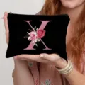 Black canvas cosmetic bag with pink glitter letter X floral design for women storage. - Letter X Style(24) / Black