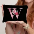 Black canvas cosmetic bag with rose gold letter W and floral design for women daily use. - Letter W Style(23) / Black