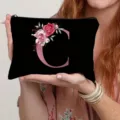 Canvas cosmetic pouch with floral letter C print, portable zipper makeup bag for daily use. - Letter C Style(3) / Black