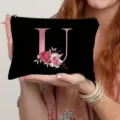 Black canvas cosmetic bag with rose gold letter U and floral print for daily makeup storage. - Letter U Style(21) / Black