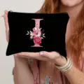 Black canvas cosmetic bag featuring a stylish pink initial letter I and elegant floral print. - Letter I Style (9) / Black