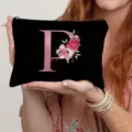 Minimalist letter P canvas cosmetic bag, floral storage pouch for daily essentials. - Letter P Style(16) / Black