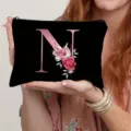 Black canvas cosmetic bag with floral letter N, stylish makeup pouch and coin purse for women. - Letter N Style(14) / Black