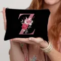 Black canvas cosmetic bag with pink floral letter Z print, portable zipper pouch. - Letter Z Style(26) / Black