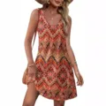 Boho sleeveless V-neck mini dress detail, showing pocket and ethnic print for summer beach. - S / Dresses / Geometric Print 4