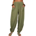 Pantalon sarouel décontracté en coton lin ample pour femme avec grandes poches taille élastique. - Vert Militaire