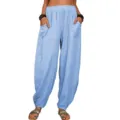 Pantalon sarouel de loisirs en lin et coton ample bleu clair avec taille haute et poches. - Bleu ciel