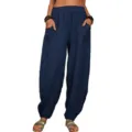 Femme pantalon decontracte ample en coton lin couleur unie sarouel avec poches mode chic - Bleu Marine
