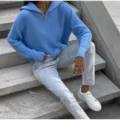 Casual blue knit sweater with half zip collar and long sleeves for women stylish everyday wear - Light Blue