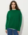 Casual green crewneck loose pullover sweater for women, comfortable long sleeve knitwear. - Dark Green